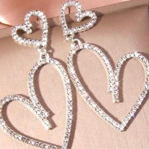 Double Heart Rhinestone Hanging 2” Earrings - New